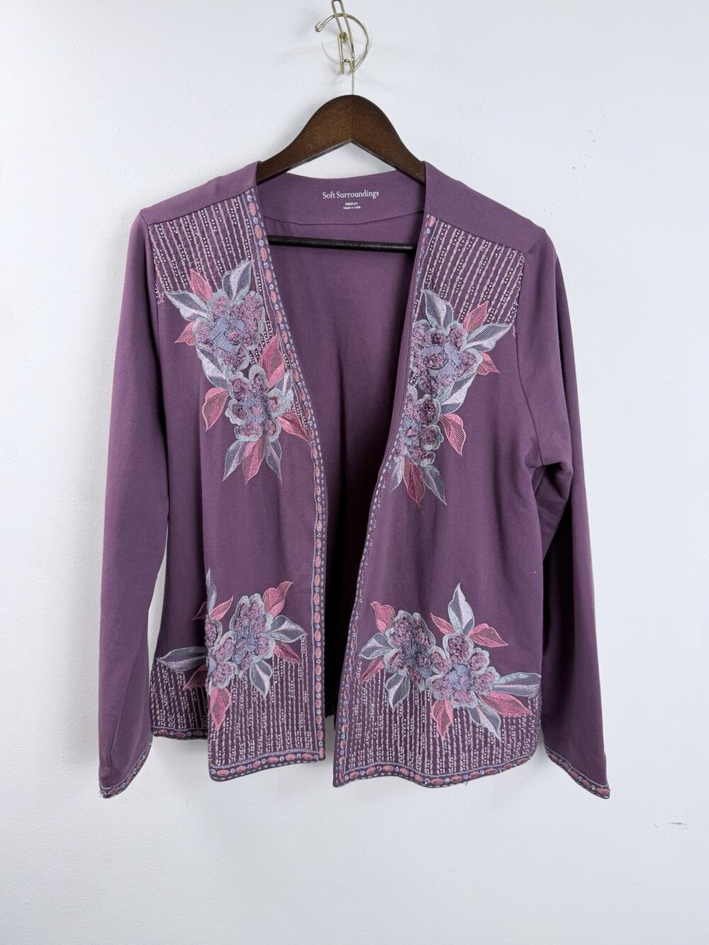 Soft Surroundings Embroidered Jacket Open Front Boho Chic Cottagecore Sz Medium